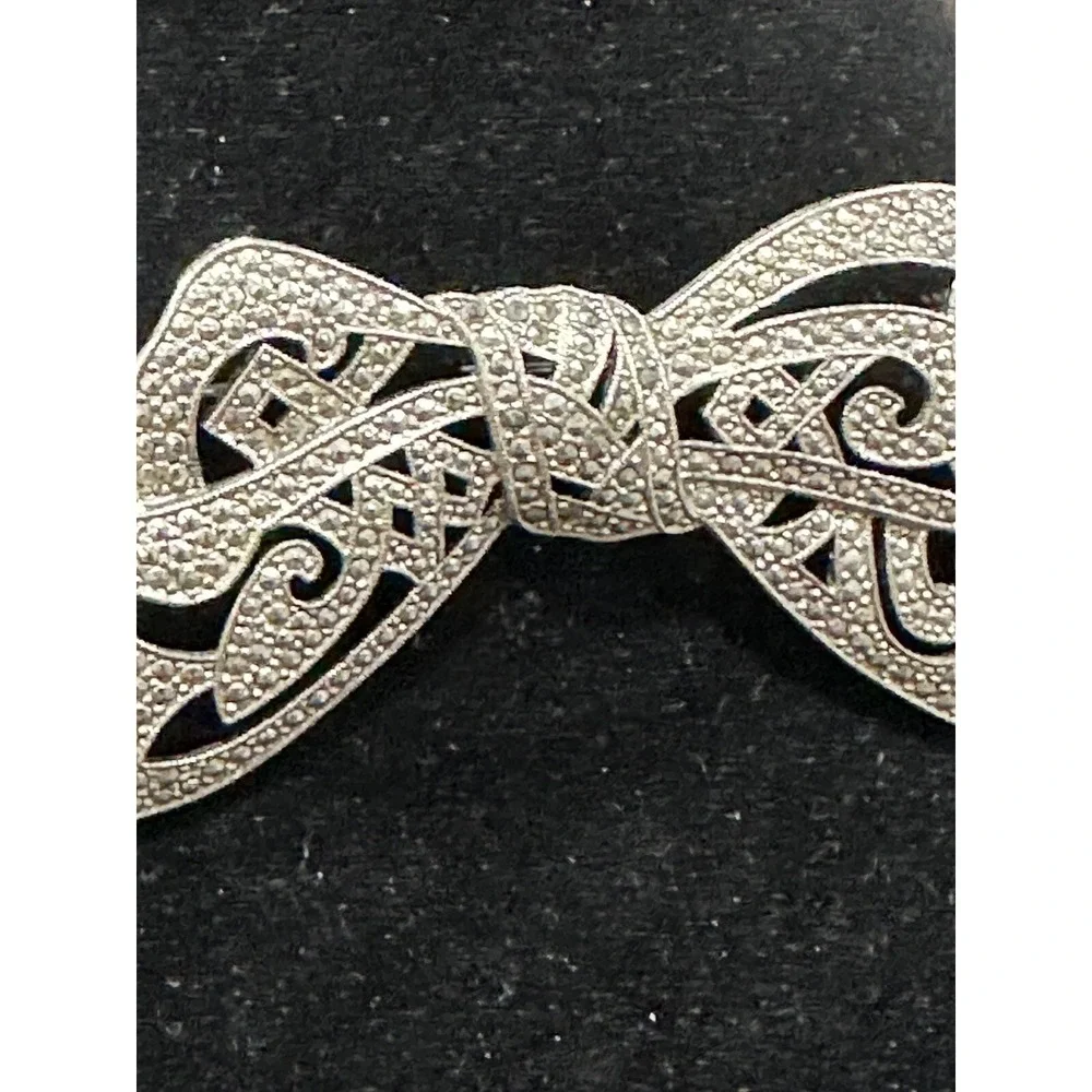 Vintage Silver Tone Bow Brooch Clear Rhinestones Filigree Ribbon Large Statement